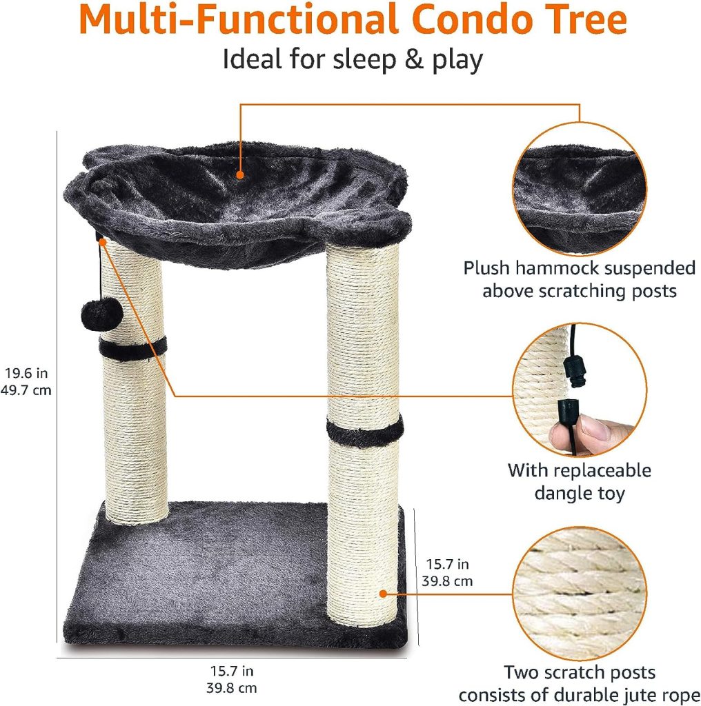 Amazon Basics Cat Condo Tree Tower With Hammock Bed And Scratching Post - 16 x 20 x 16 Inches, Grey