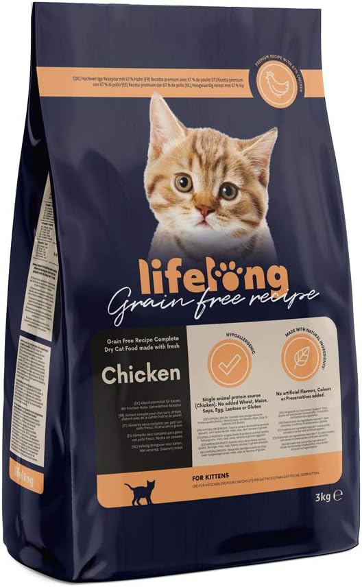 Amazon Brand - Lifelong Grainfree Recipe Dry Cat Food (Kitten) with Fresh Chicken - 3kg