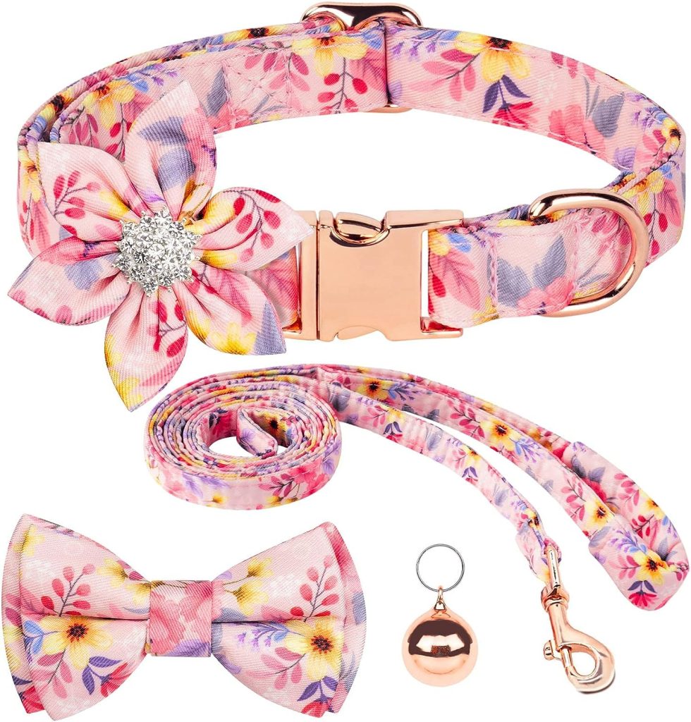 AUAUY Dog Collar and Leash Set, Release Adjustable and Comfortable Collar, Flower Girl Floral Pattern Engraved Pet Collars with Beautiful Bowtie and Little Bell for Small Medium Large Dogs(Pink S)