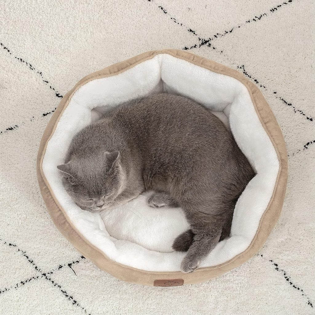 Bedsure Large Cat Bed Washable - Cat Bed for Indoor Cats and Kitten, Small Cat Bed Sofa with Slip-Resistant Bottom for Puppy Dogs, Round, Camel, 51x48x15cm