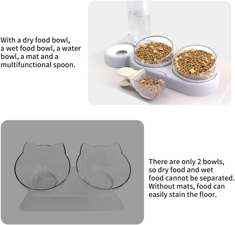 Cat Bowls, NATRUTH Gravity Water and Double Food Triple Bowls with a Bowl Mat Spoon, Wet Dry Feeding Set, Pet food for Cats Small Dogs (Grey)