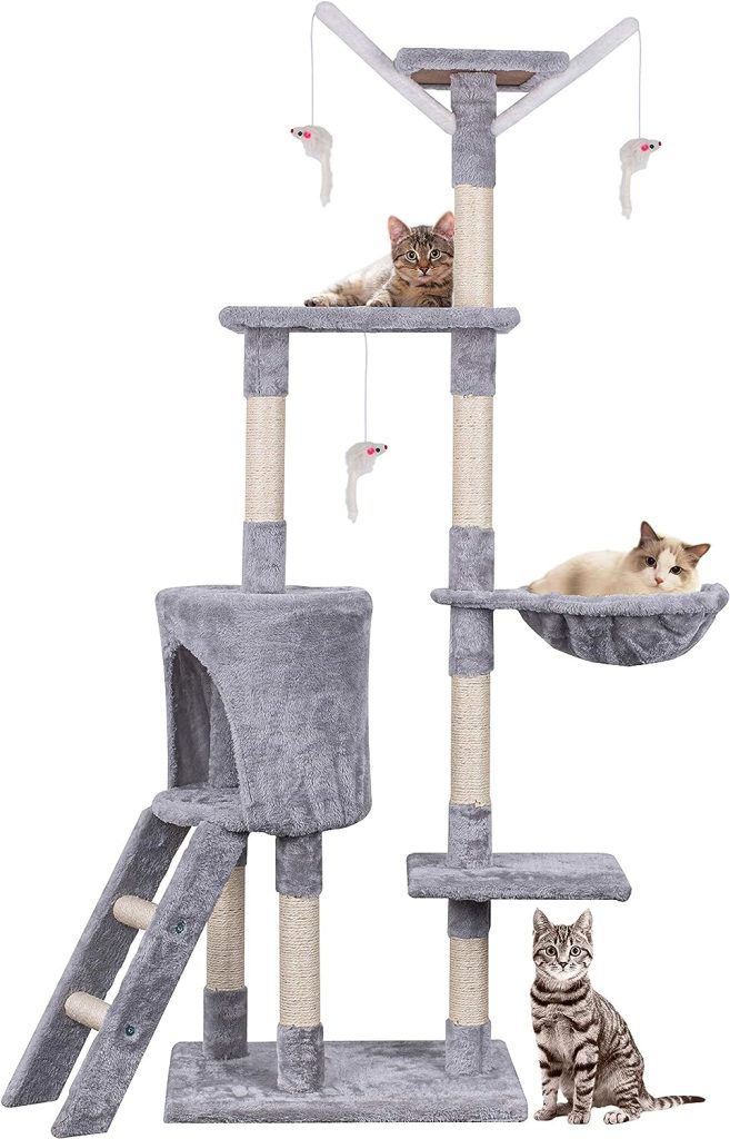 Cat Tree, 145cm Cat Scratch Posts Multi-Level Stable Climbing Tower Trees with Ladder, Indoor Pet Activity Furniture Play House for Kitty Kitten