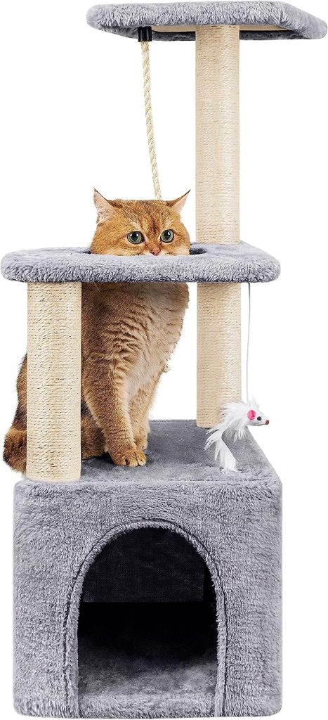 Cat Tree, 90cm Cat Scratching Post, Multi-Level Stable Cat Tower with Cat House, Cat Tree for Indoor Cats for Climbing Playing and Relaxation, Grey