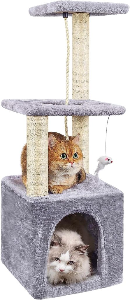 Cat Tree, 90cm Cat Scratching Post, Multi-Level Stable Cat Tower with Cat House, Cat Tree for Indoor Cats for Climbing Playing and Relaxation, Grey