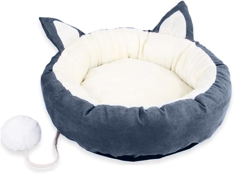 Cozywind Cat Bed Cat Calming Beds Cat Sleeping Bed with Cat Pom Pom Toy Detachable Washable Fluffy Cat Beds for Indoor Cats-Grey