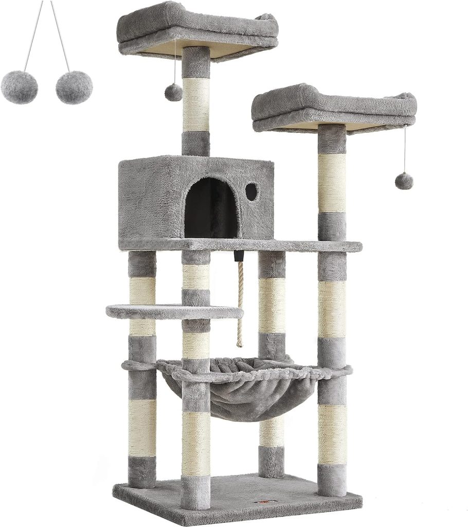 FEANDREA Cat Tree, Stable Cat Tower, 2 Plush Perches, 143cm, Light Grey PCT15W