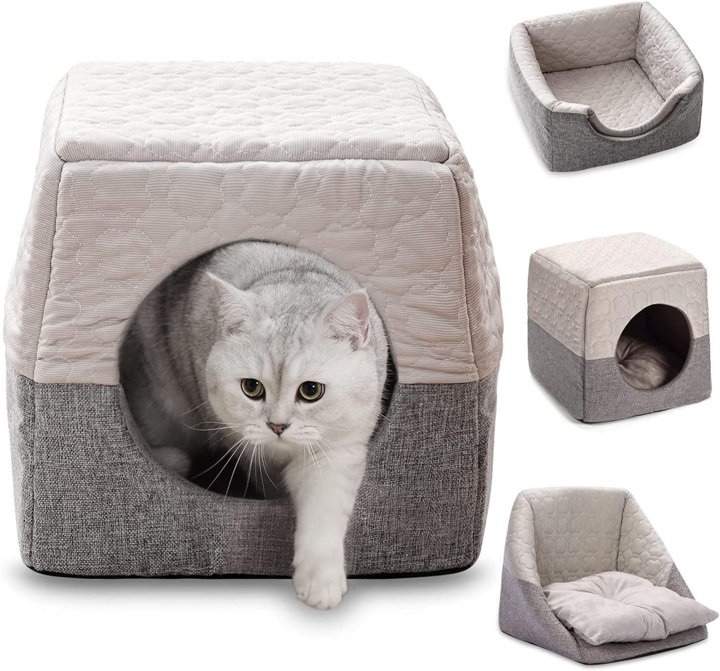 GIOPACO Cat Cosy Cube Lgloo Bed,37x33x30cm 3-in-1 Foldable Cat Dog Soft Sofa Cave Bed,Cool and Warm Tent Cave Microfiber Bed House with Removable Washable Cushion Pillow for Cats Small Dogs Puppy Pets