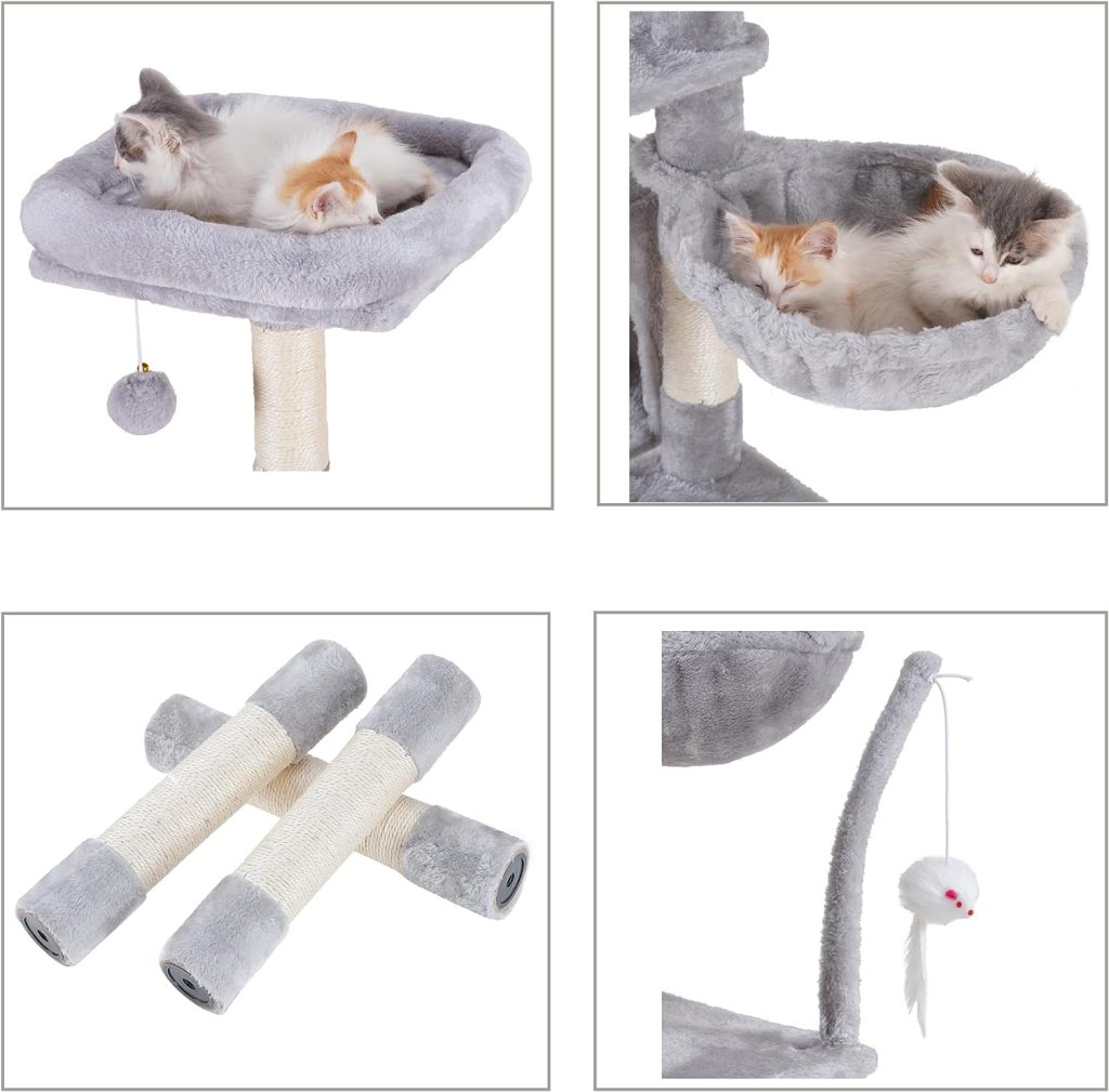 Hey-brother Cat Tree with toy, Cat Tower for Indoor Cats, Cat House with Padded Plush Perch, Cozy hammock and Sisal Scratching Posts, Grey EMPJ004SW-N