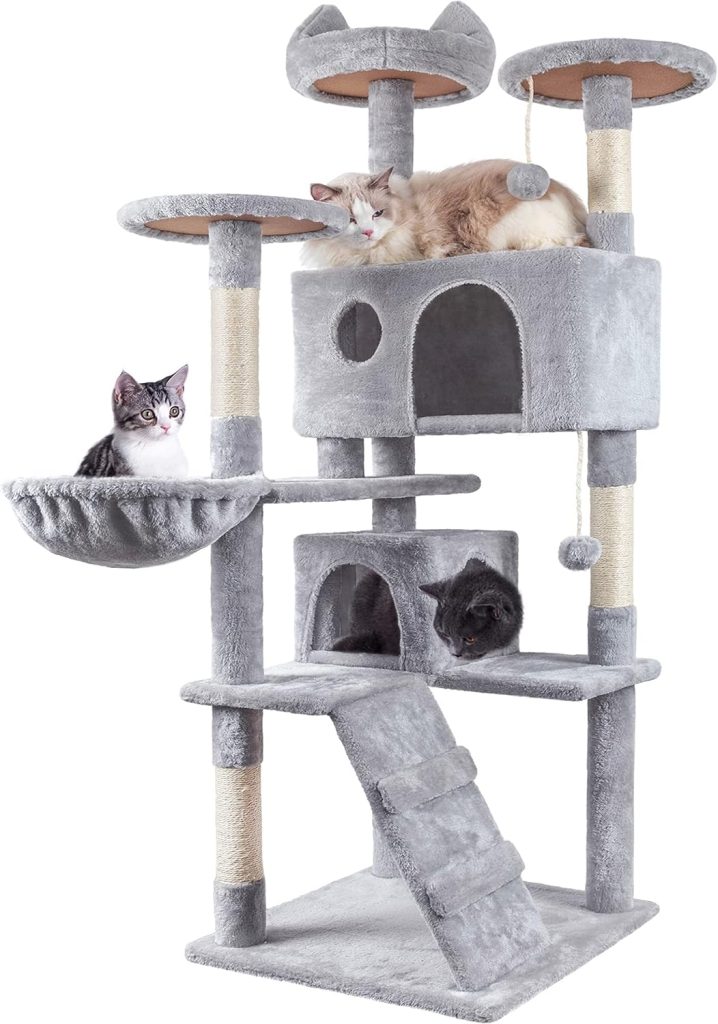 HOMIDEC Cat Tree, 151cm Scratching Post Stable Tower for Large Cat, Activity Centre Climbing Tree with 2 House, Hammock, 4 Sisal Posts, Ladder, and Rest Place Indoor