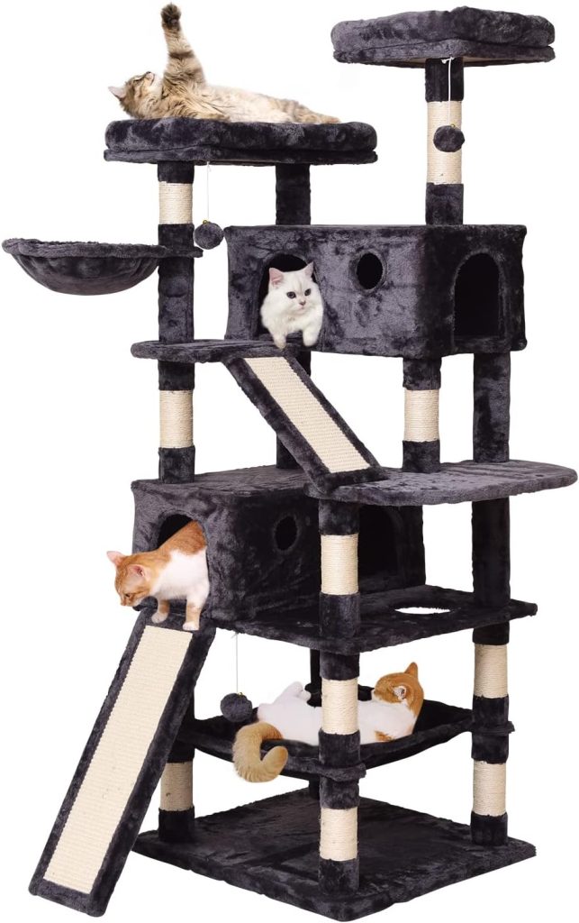 JISSBON Cat Tree Cat Tower 178cm, Multi Level Cat Scratching Post with Condos, Ladders, Basket, Hammock  Plush Perches for Kittens, Large Cats, Grey