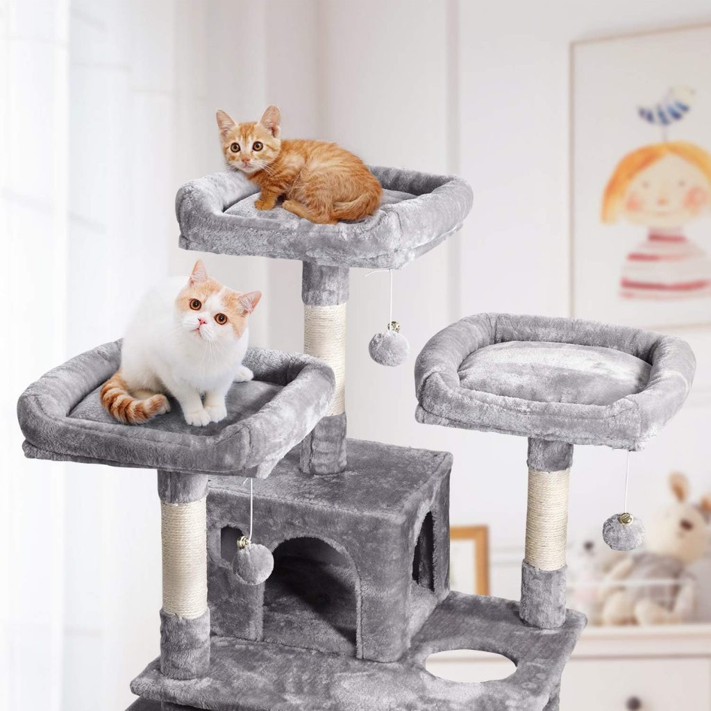 JISSBON Cat Tree Tower 170cm Cat Scratching Post with Condos, Basket, Hammock  Plush Perches for Kittens, Large Cats, Light Grey