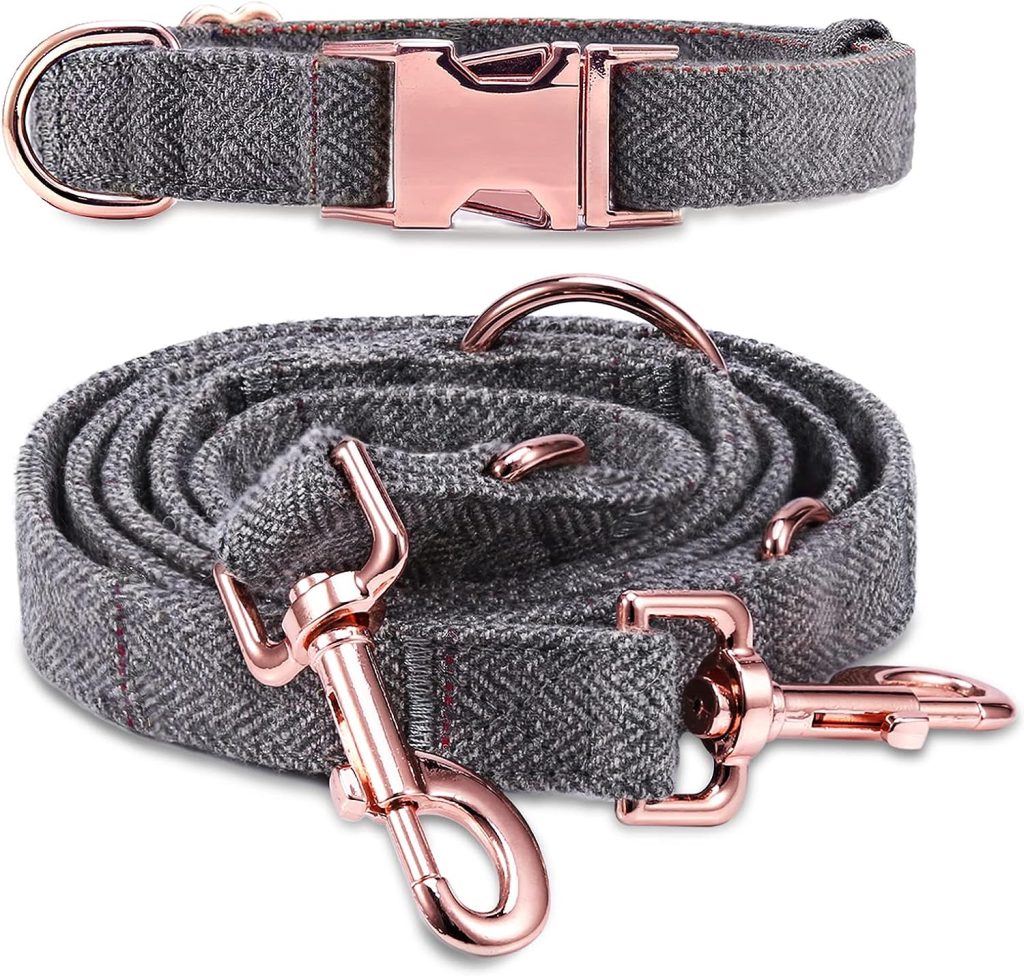 ORIA Dog Lead + Dog Collar, 2m Dog Leash and Collar Set, Adjustable to 3 Different Lengths, With Strong Soft Wool, for Small/Medium/Large Dog Training, Walking, Running - Small Size (33cm-40cm)