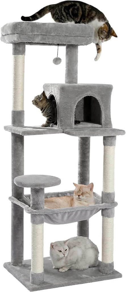 PAWZ Road Cat Tree, Big Cat Tower, Activity Center stable and sturdy, Cat Tree with hammock and lovely Cat House Grey 143cm/56.2