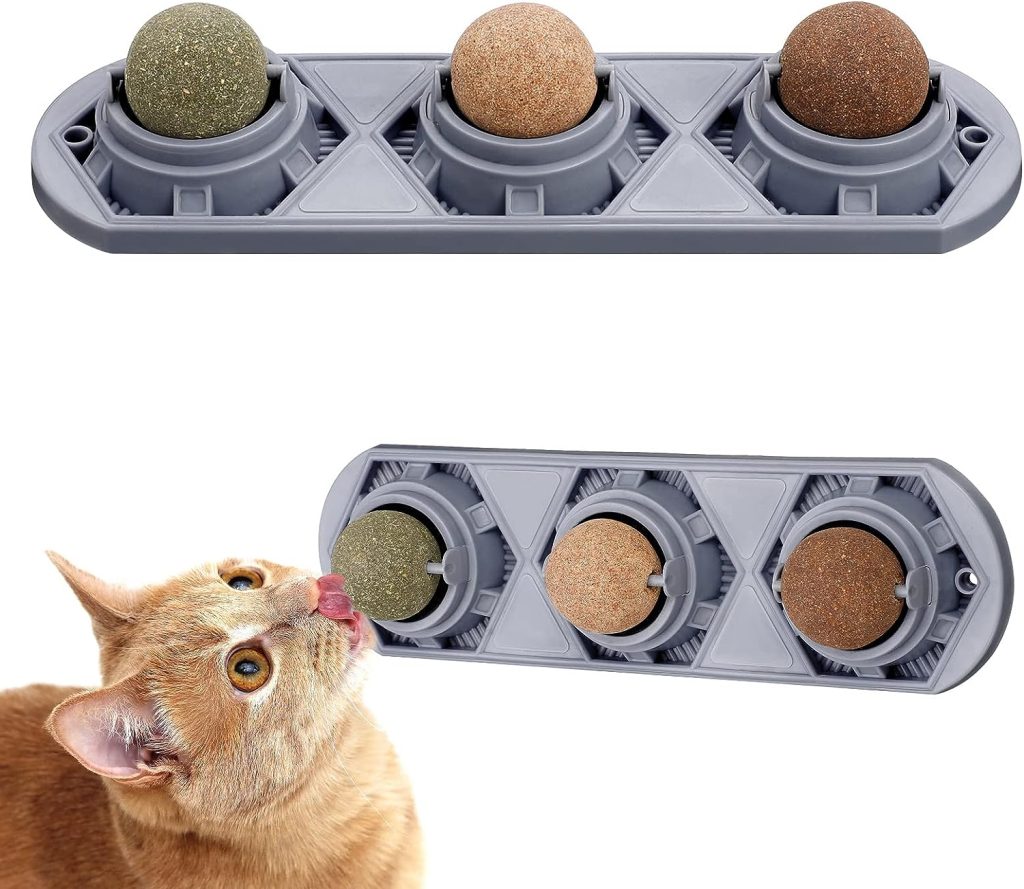 Pinenuts Catnip Wall Balls Toys, Edible Catnip Balls for Cats Lick, 3 in 1 Rotatable Catnip Licking Ball Natural Cat Treats Cat Toys for Indoor Cats Kitten Teeth Cleaning