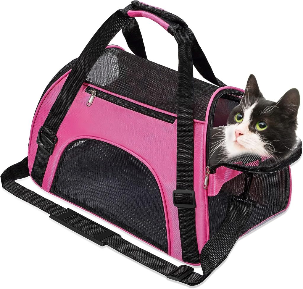 Soft-Sided Foldable Cat/Dog/Pet/Puppy Carrier Bag,Portable Pets Travel Carriers For Cats/Dogs/Pets With Shoulder Strap  Removable Mat,Durable Comfort Cat Basket Airline Approved(Pink,Small)