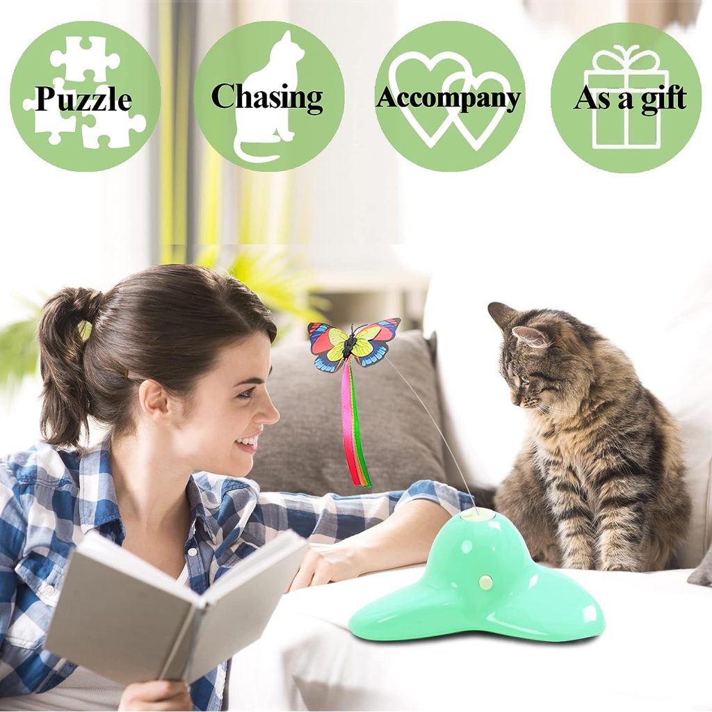 Vealind Indoor Interactive Play Teaser Cat Toy with 360°Electric Rotating Butterfly (Green)