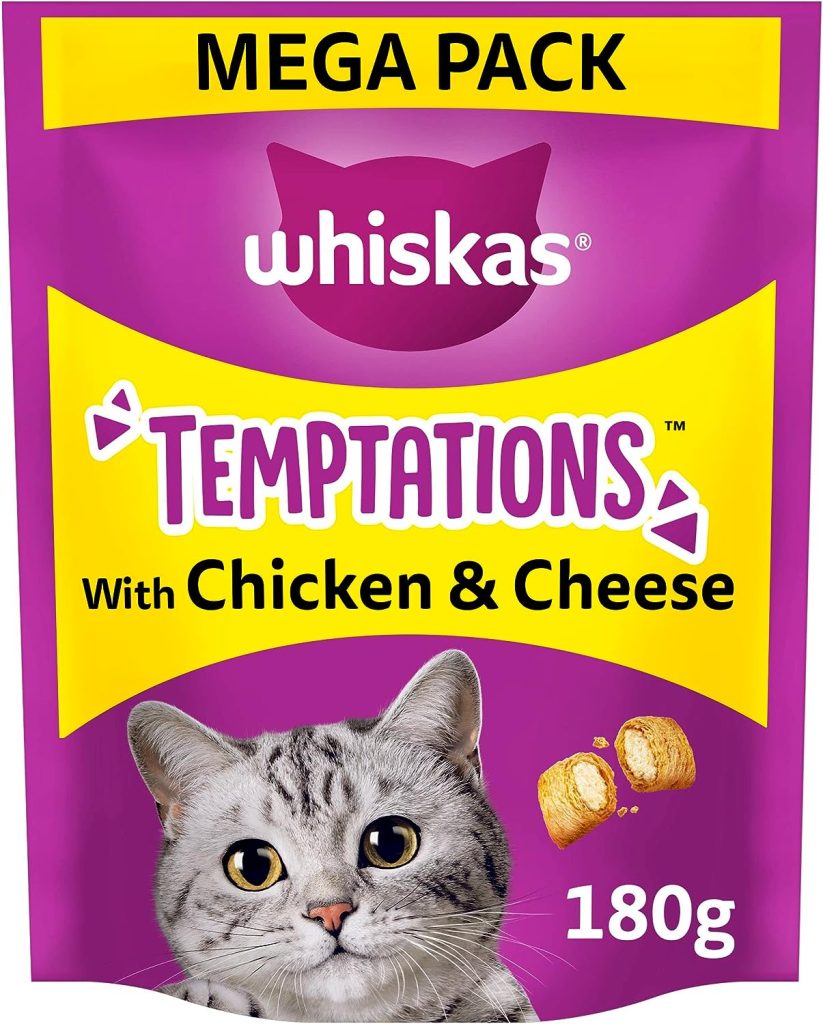 WHISKAS Temptations - Tasty, Crunchy Treats for Adult Cats, Small Bite Size Snacks with a Delicious Chicken and Cheese Filling, 4 x 180 g Packets - Pack May Vary