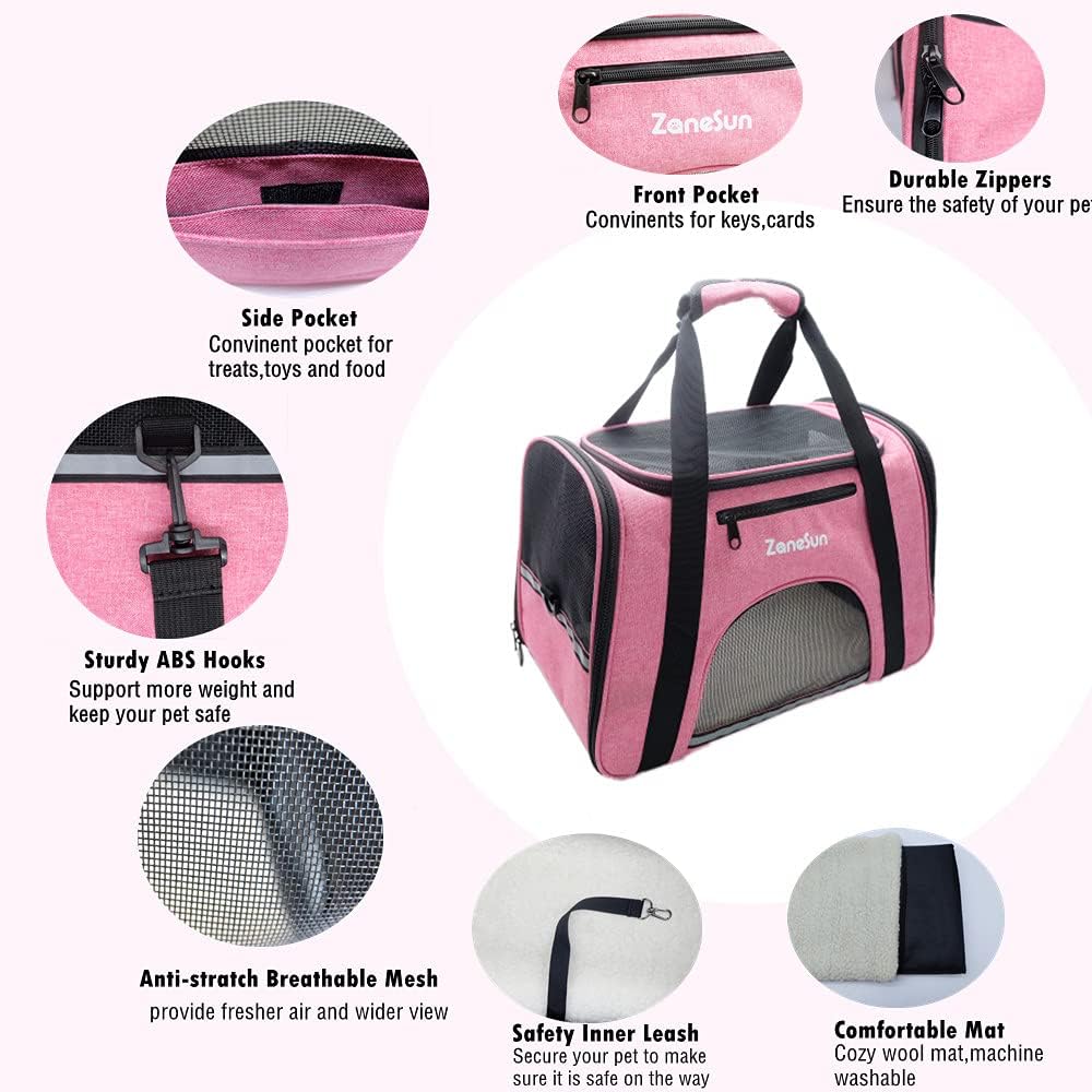 ZaneSun soft Cat Carrier Dog Carrier Pet Carrier for Small Cats Kitten Dogs Puppies,Airline Approved for Travel,Escape-Proof,Breathable,5 Mesh Windows (Pink)