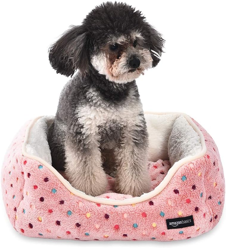 Amazon Basics Cuddler Pet Bed - Small, Pink Polka Dots