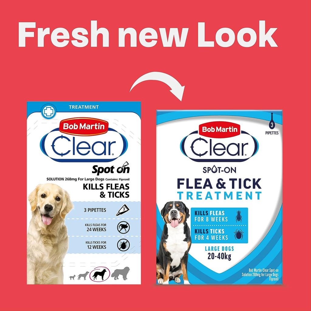 Bob Martin Clear | Spot On Flea Treatment for Large Dogs (20-40Kg) | Kills Fleas, Ticks  Lice | Fast Control, 24 Week Protection (3 Pipettes)