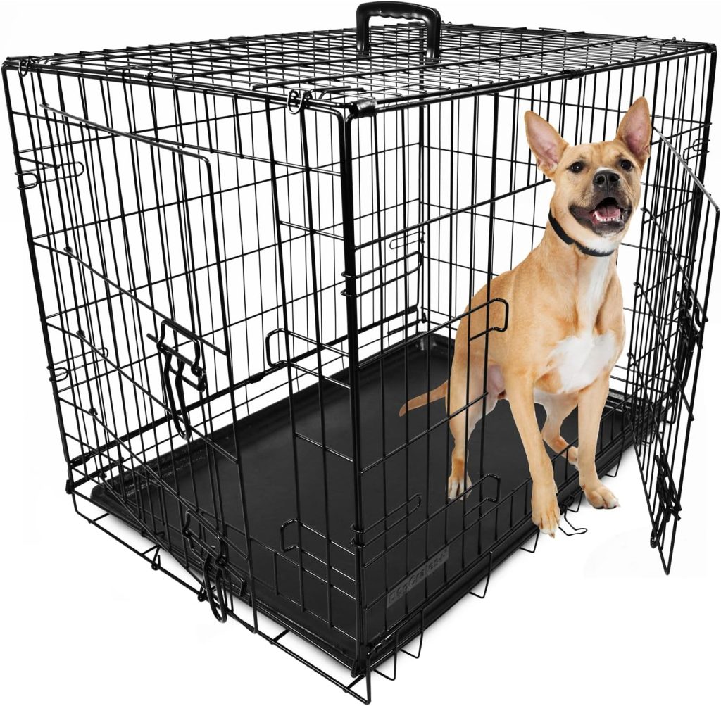 Dog Puppy Cage Folding 2 Door Crate with Plastic Tray Medium 30-inch Black