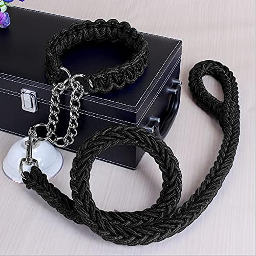 Dog Rope Heavy Duty Dog Woven Leash Collar Set Nylon Eight Strand Braided Lead Pet Walking Training Rope Non-slip Handle Collar for Small Medium Large Dogs (Black, L)