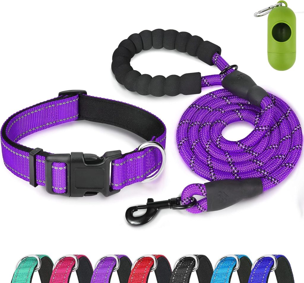 Dynmeow Reflective Dog Collar and Leash Set, 6FT Strong Climbing Rope Leash with Padded Handle, Adjustable Pet Collar with Soft Neoprene Padding for Small Medium Dogs (Purple,S)