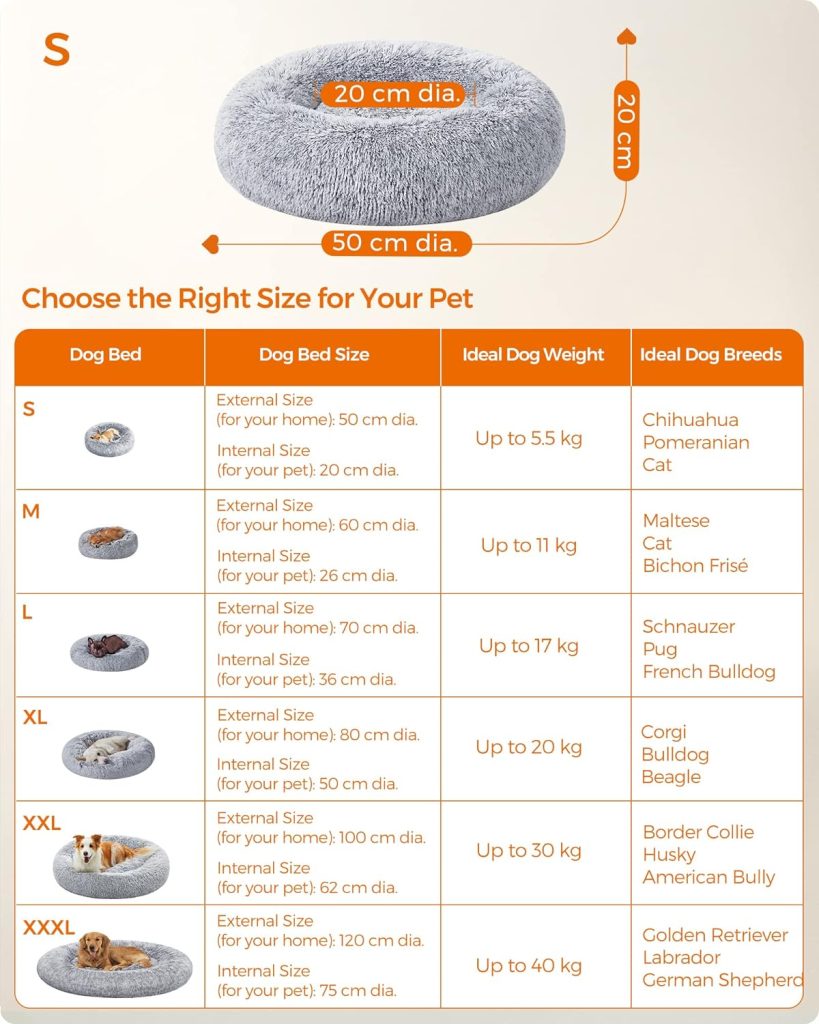 FEANDREA Dog Bed, Donut Cat Bed, Fluffy Calming Pet Bed with Removable, Washable Cover, Soft Long Plush, 50 cm, Grey