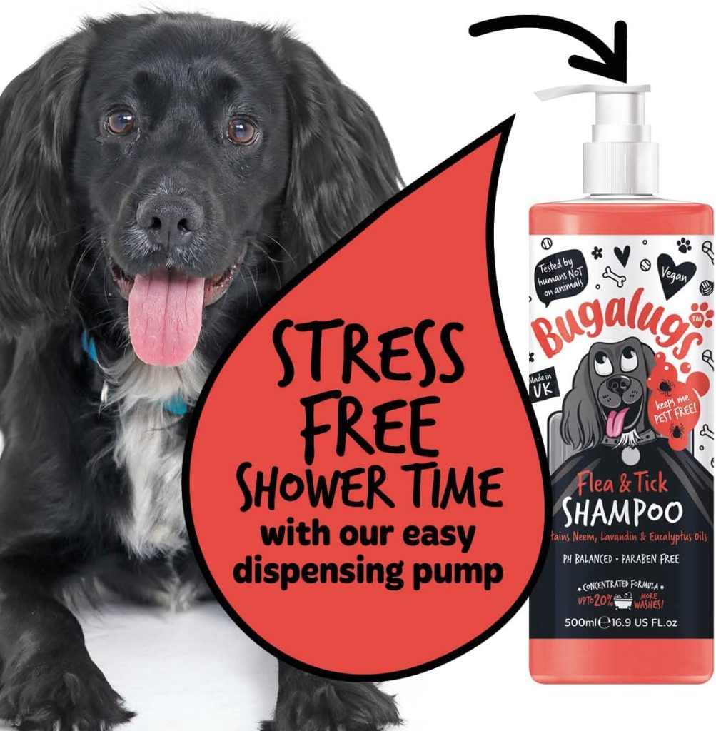 Flea and Tick Dog Shampoo by Bugalugs, Works on Smelly Puppies  Dogs, Contains Neem Oil  Eucalyptus Oils, PH Balanced Vegan Pet Shampoo, Used by Professional Groom