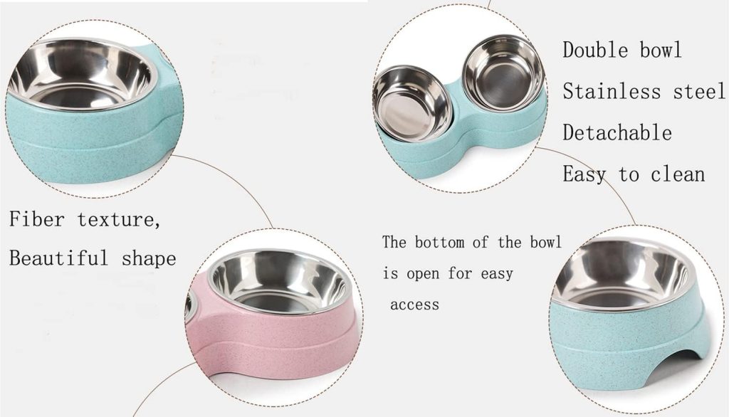 Fuwok Double Dog Bowl,Non Slip Stainless Steel Double Bowl 2-IN-1 Dog Bowl with Non-spill For Small Dogs,Cats and Animal etc (M-Pink)