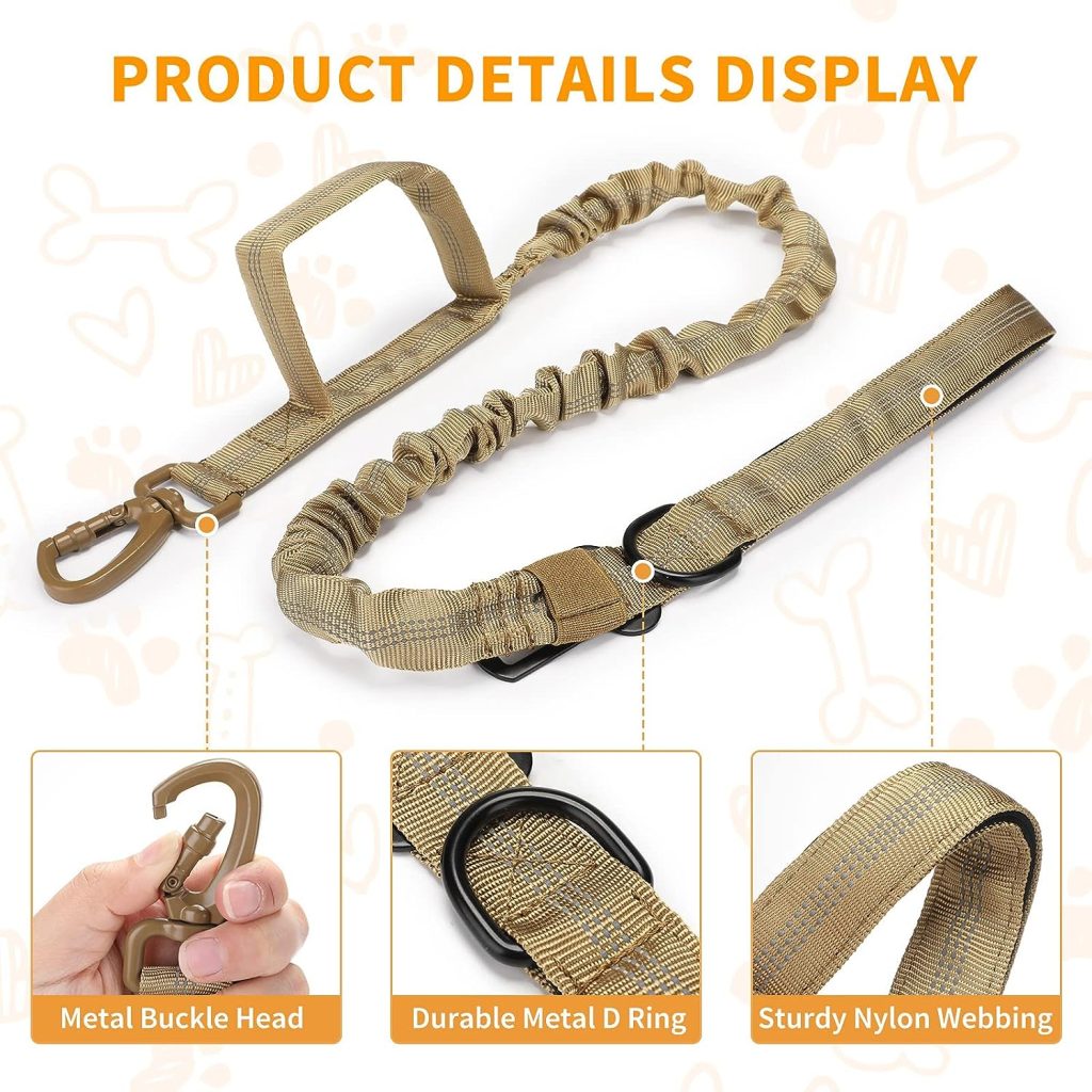 HUNTVP Tactical Dog Collar with Control Handle and Dog Lead Leash,Military Dog Collar and Leash Set,Durable Reflective Adjustable for Medium Large Dogs Hunting Trainning Outdoors (Brown-XL)