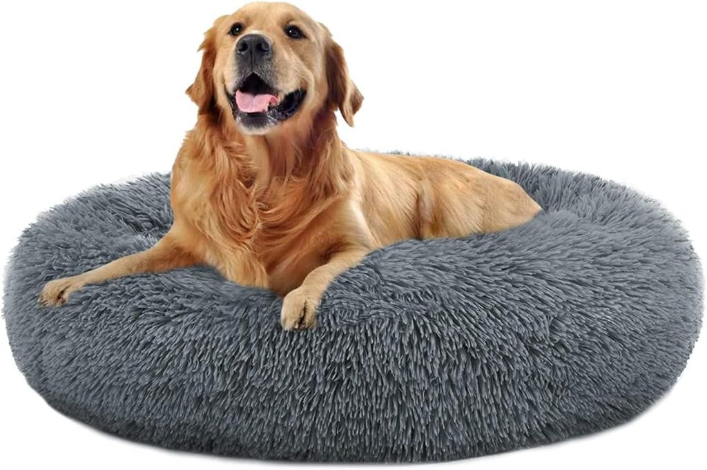 MFOX Calming Dog Bed Cat Bed Donut, Faux Fur Donut Cuddler Washable Self-Warming Pet Bed, Large Round Plush Dog Bed for Small/Medium/Large Dogs(60cm/80cm/90cm/110cm)