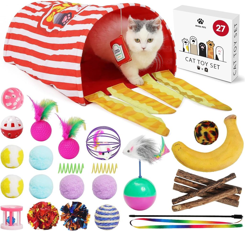 MORA PETS Cat Toys 27 Pcs, Kitten Toys Cat Interactive Toys Set for Indoor Cats, Include Banana Catnip Cute Tunnel Teaser Wand Feather Ball Spring Mice Variety Pack for Kittens