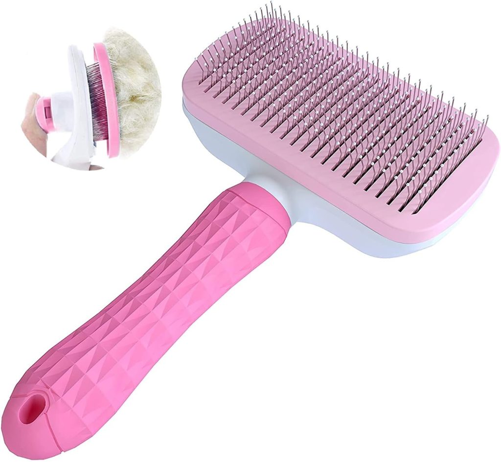 NATRUTH Self Cleaning Slicker Brush for Dogs and Cats,Pet Grooming Tool,Removes Undercoat,Shedding Mats and Tangled Hair,Dander,Dirt, Massages Particle,Improves Circulation (pink)