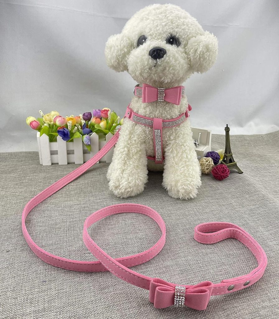 Newtensina Bowtie Dog Collar  Harness  Lead Sets Comfortable Soft Puppy Collar Diamante with Harness and Leashes Set for Dog - Pink - M