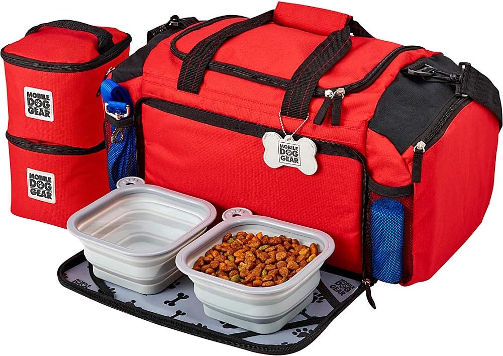 Overland Dog Gear Dog Travel Bag - Ultimate Week Away Duffel For Med And Large Dogs - Includes Bag, 2 Lined Food Carriers, Placemat, and 2 Collapsible Bowls Red