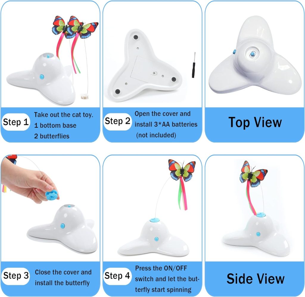 Suhaco Cat Toys Interactive Butterfly Kitten Toy for Indoor Cats Electric Rotating Teaser Butterfly Automatic Self Playing Fun Cat Toy for Boredom (White)