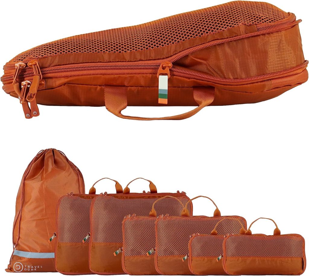 Travel Dude Compression Packing Cubes for Travel Made from Plastic Bottles | Bag Organiser for Backpacking, Suitcases  Bags | Travel Organiser for Clothes  Shoes (7 pieces, Burnt Orange)