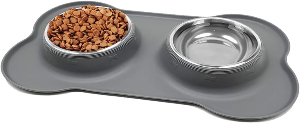 YOKA Dog Bowls Non Slip Stainless Steel Double Bowl with Non-Spill Silicone Mats Tray for Cats Dogs Puppies Food Water Feeding (M 14oz /400ml Each Bowl, Grey)