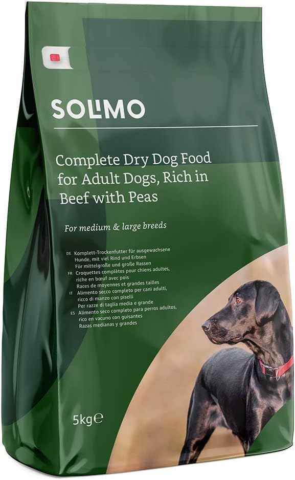 Amazon Brand - Solimo - Complete Dry Dog Food for Adult Dogs, Rich in Beef with Peas, 1 Pack of 5kg