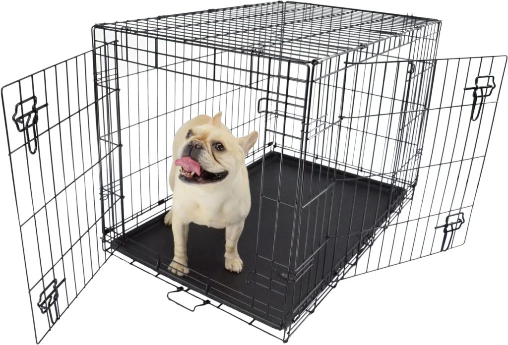 Dog Crate Puppy Cage Large 36 inch 91 x 57 x 63 cm Pre-assembled 2 Door Double Access Front Side Removable Plastic Tray Base Training Pet Travel Carrier Car Boot Foldable Sturdy Black Metal Wire Frame