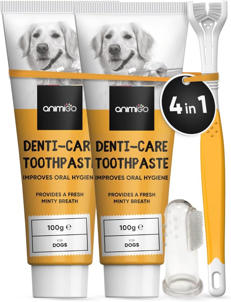 Dog Toothbrush and Toothpaste Kit - 2x Dog Toothpaste for Plaque and Fresh Breath (100g each), 1x Triple-Head Dog Tooth Brush to Remove Tartar  1x Dog Finger Toothbrush - Dog Teeth Cleaning Products