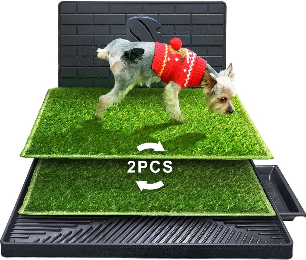 Hompet Dog Potty for Indoor or Porch, 2 Pcs Artificial Grass Training Pads with Pee Baffle, Reusable Dog Grass Pad with Tray, Alternative to Puppy Pads, Portable Dog Litter Box for Small/Medium Dogs