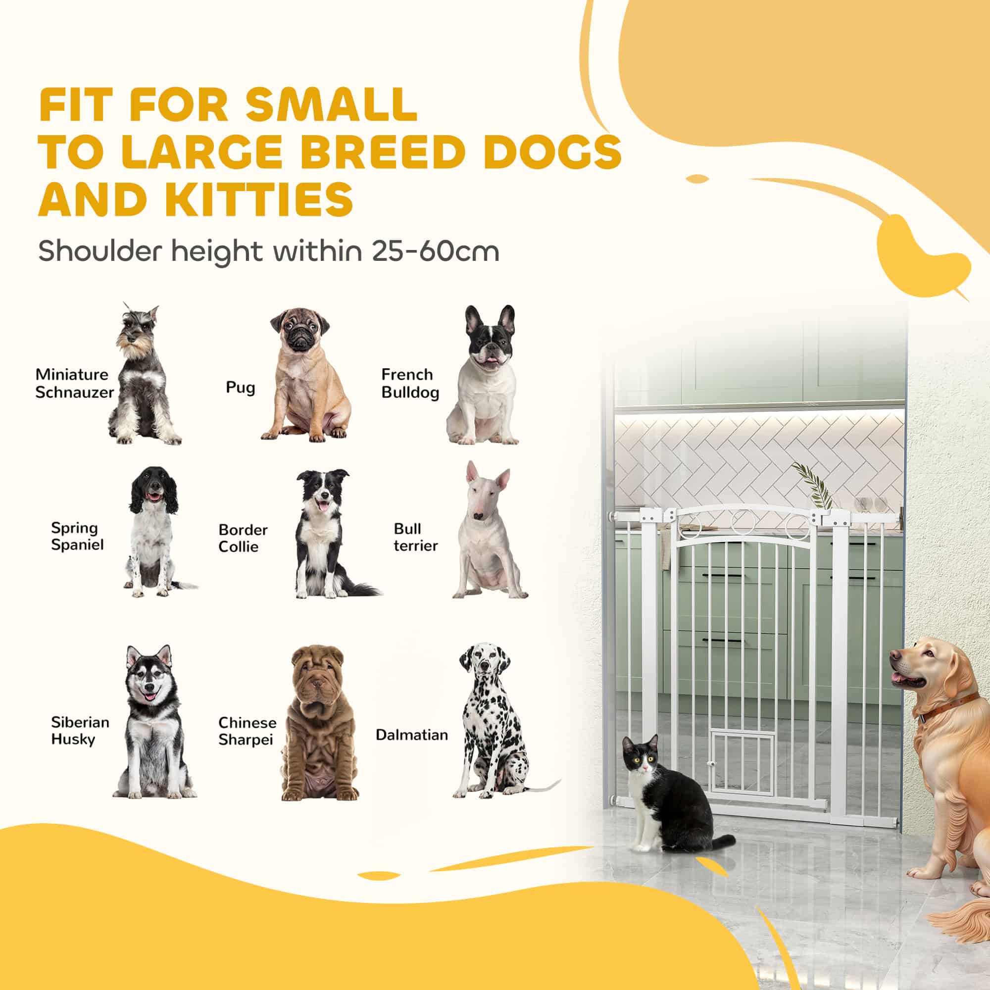 106cm Tall Dog Gate with Cat Door, 7cm and 14cm Extensions, for Stairs, Doorways, 76-104cm Width - Image 9