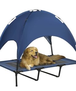 Raised Dog Bed Waterproof Elevated Pet Cot with Breathable Mesh UV Protection Canopy Blue, for XL Dogs, 122 x 92 x 108cm