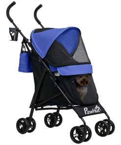 Umbrella Structure Dog Stroller, Lightweight & Portable Dog Pram w/ Shoulder Strap, Storage Bag & Cup Holder, Dark Blue