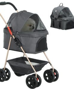 3 in 1 Pet Stroller, Folding 4 Wheels Dog Pram with Detachable Carrier for Mini Dogs Cats, Grey