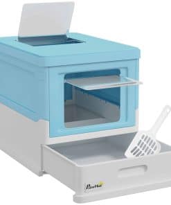 Hooded Cat Litter Box, Portable Pet Toilet, with Scoop, Front Entry - Light Blue