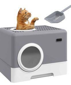 Enclosed Cat Litter Box, with Lid, Front Entry, Top Exit, Pull-Out Tray, Scoop - Grey