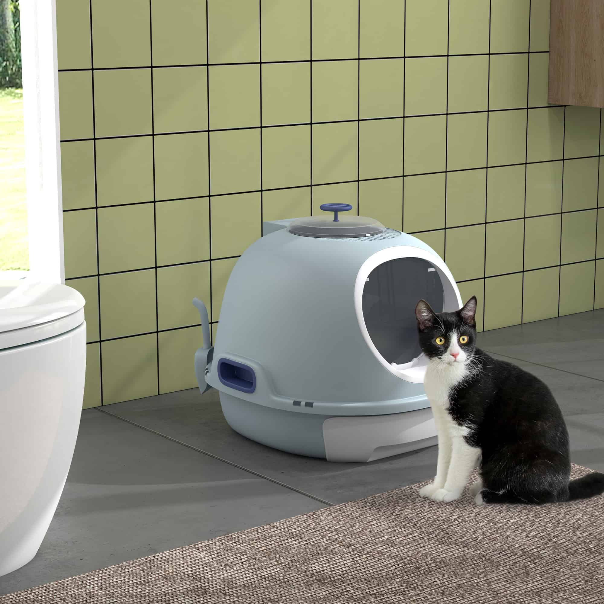 Cat Litter Box Toilet with Litter Scoop Enclosed Drawer, Front Entry Top Exit, Easy To Clean Blue - Image 2
